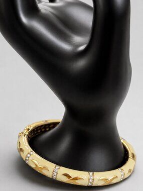 Lauren G Adams Vintage Cream Enamel Bangle Bracelet 18K Gold Plated Floral Leaf